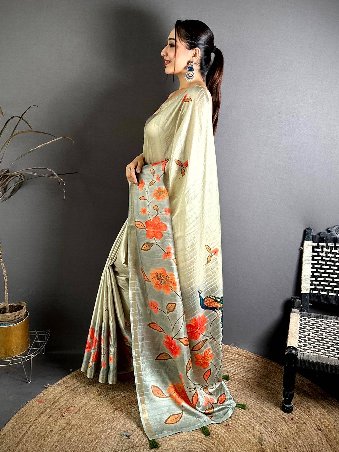 Vibrant Ghicha Silk Printed Tussar Saree