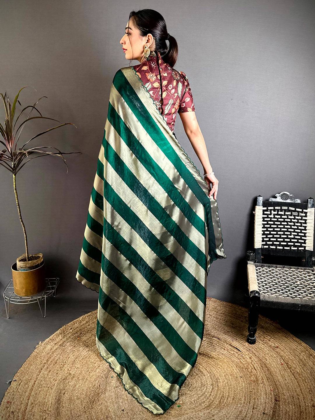Stylish Shiny Silk Striped Print Saree