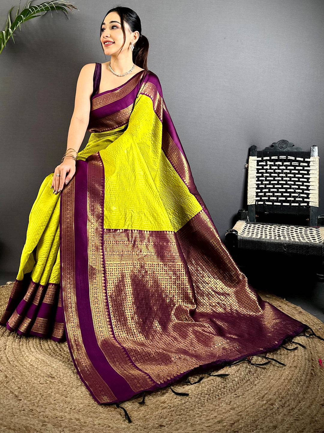 Lime Banarasi Katan Silk Saree

