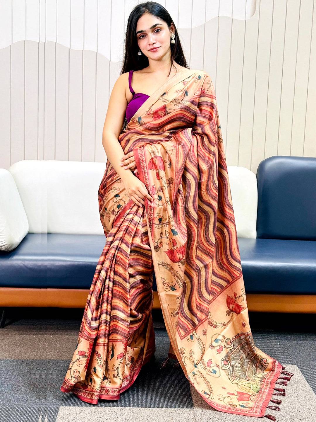 Elegant Maroon Tussar Silk Saree with Floral and Leheriya Design