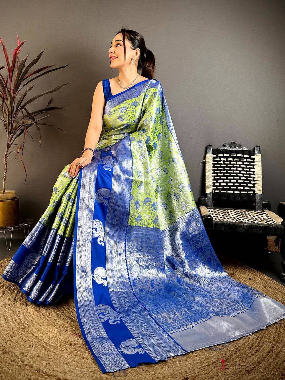 Lime Green Dharmavaram Double Ikkat Saree