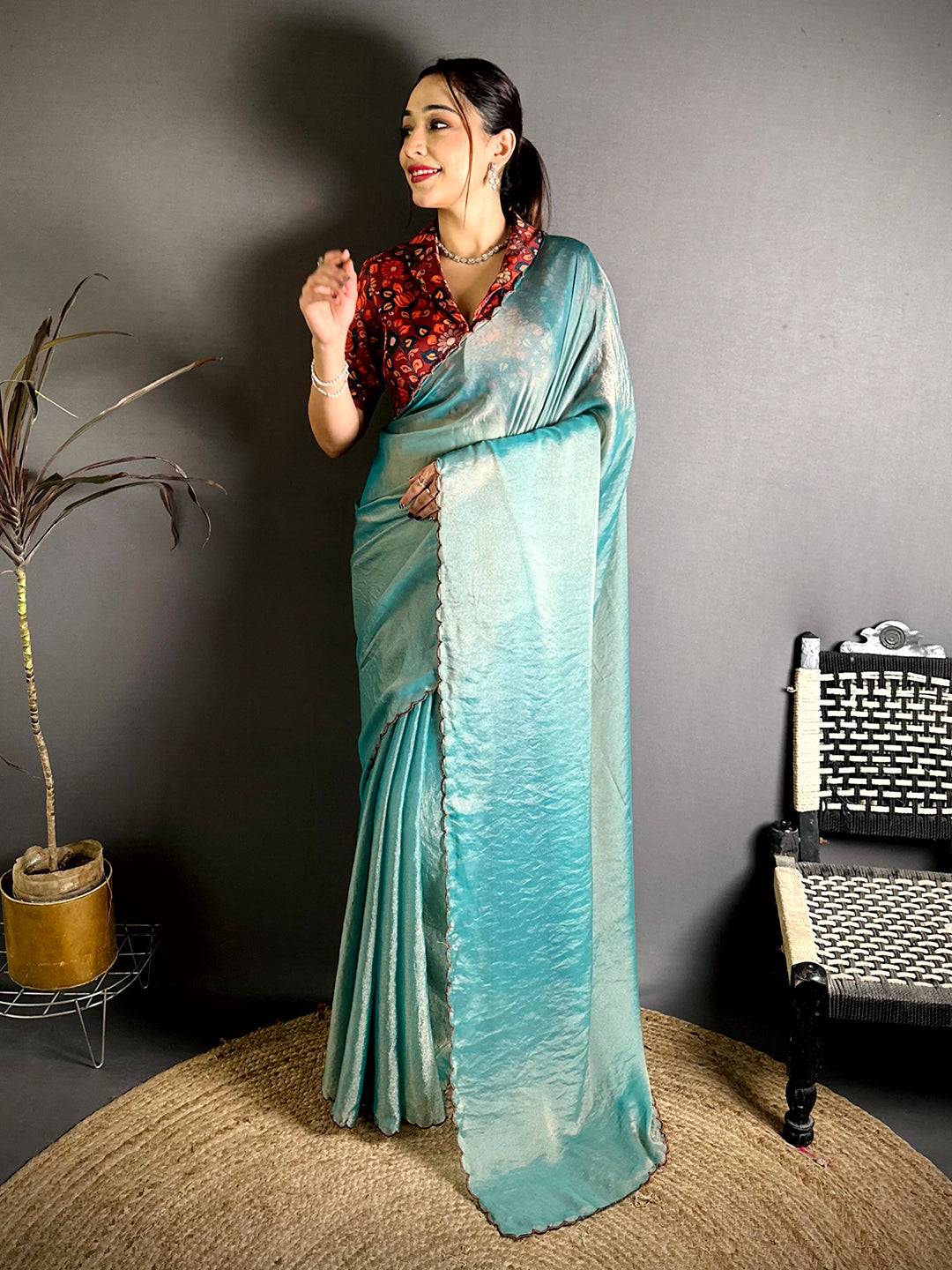Vibrant Contrast Printed Blouse Silk Saree