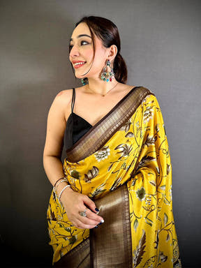 Mustard Soft Dola Silk Floral Kanchi Border Saree