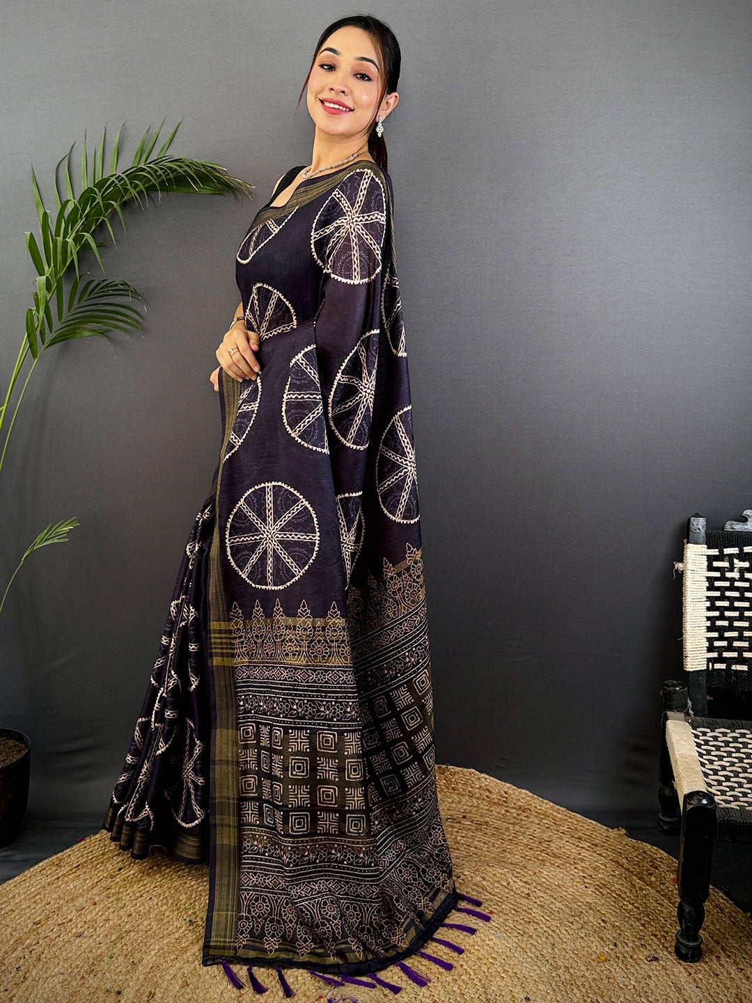 Black Linen Ajarak Print Saree