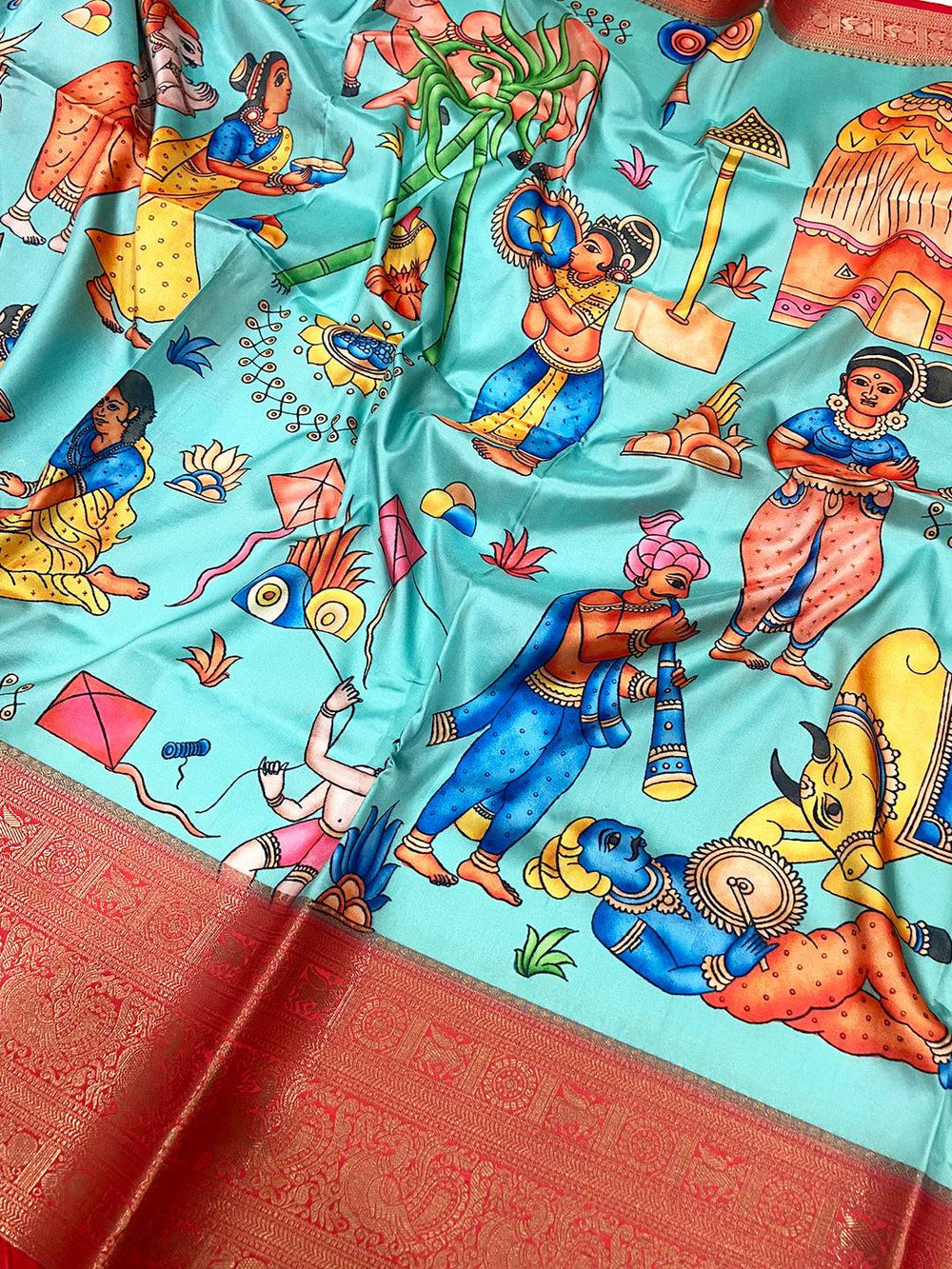 Turquoise Banarasi Silk Kalamkari Printed Saree