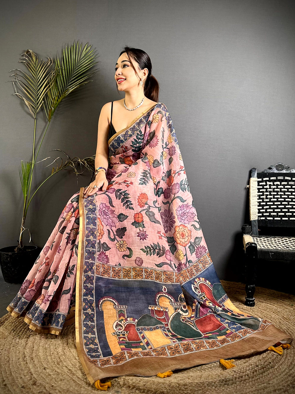 Stylish Floral Kalamkari Soft Linen Saree