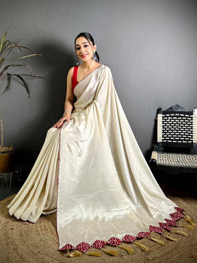 White Vichitra Real Mirror Work Tassel Saree