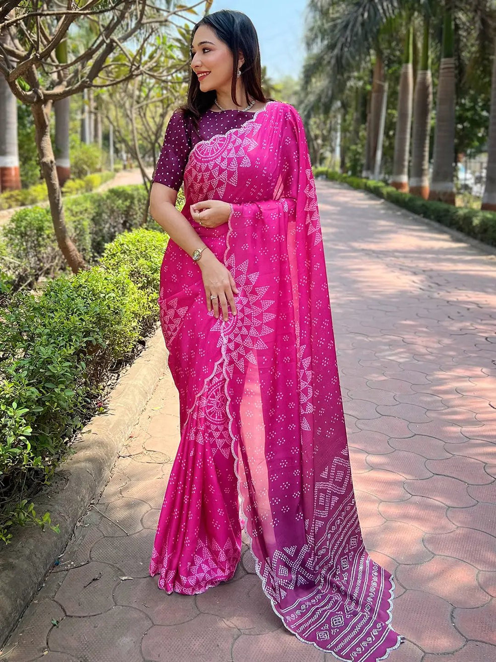 Georgette Silk Saree with Ombre Bandhej Print & Stone Work
