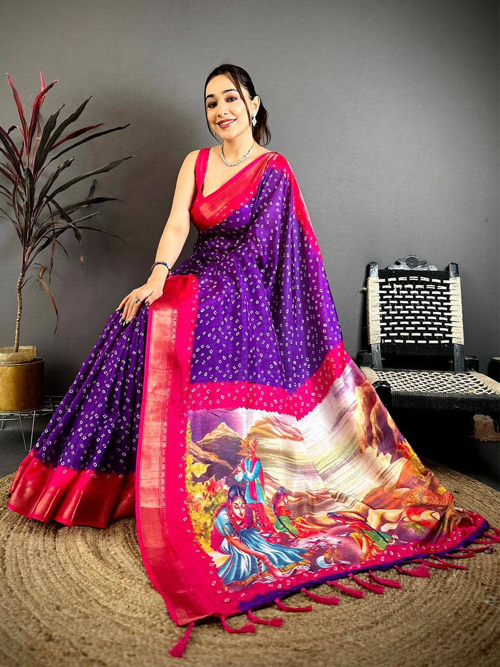Purple Bandhej Fusion Dola Print Saree