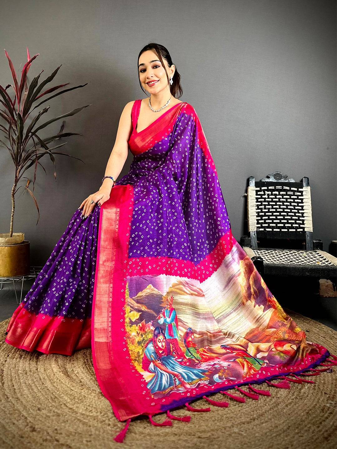 Purple Bandhej Fusion Dola Print Saree