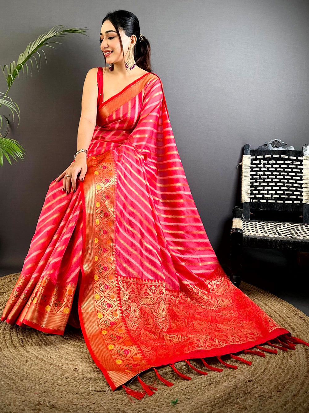 Pink Banarasi Lehriya Katan Silk Saree