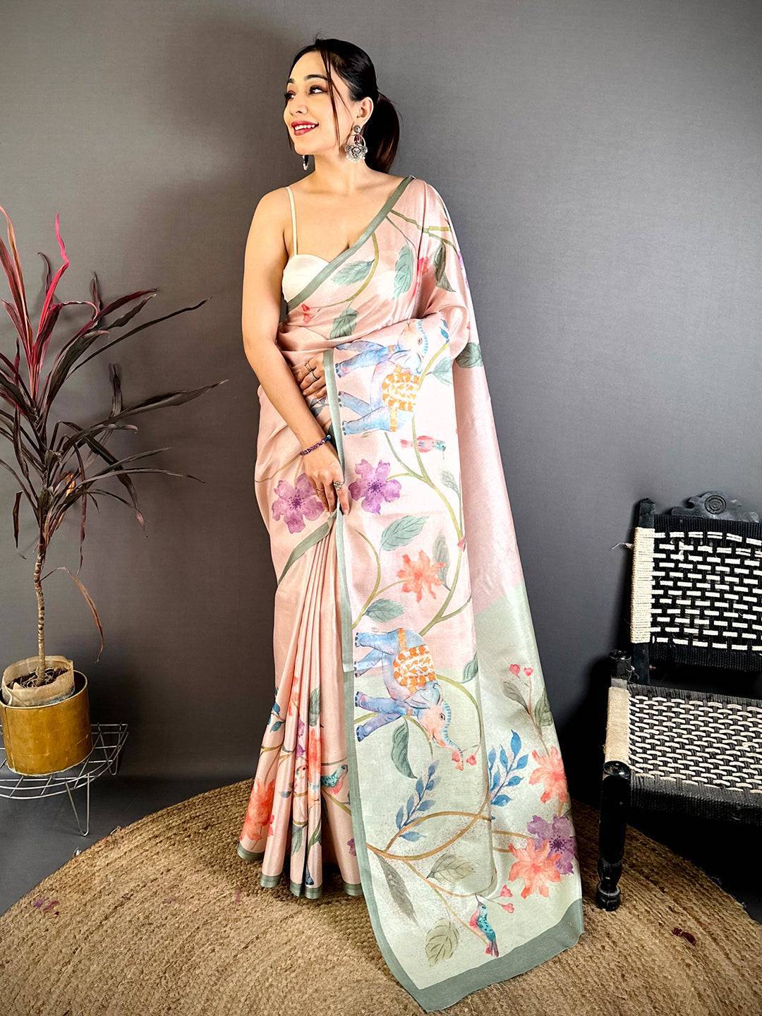Pink Tussar Floral Water Block Saree