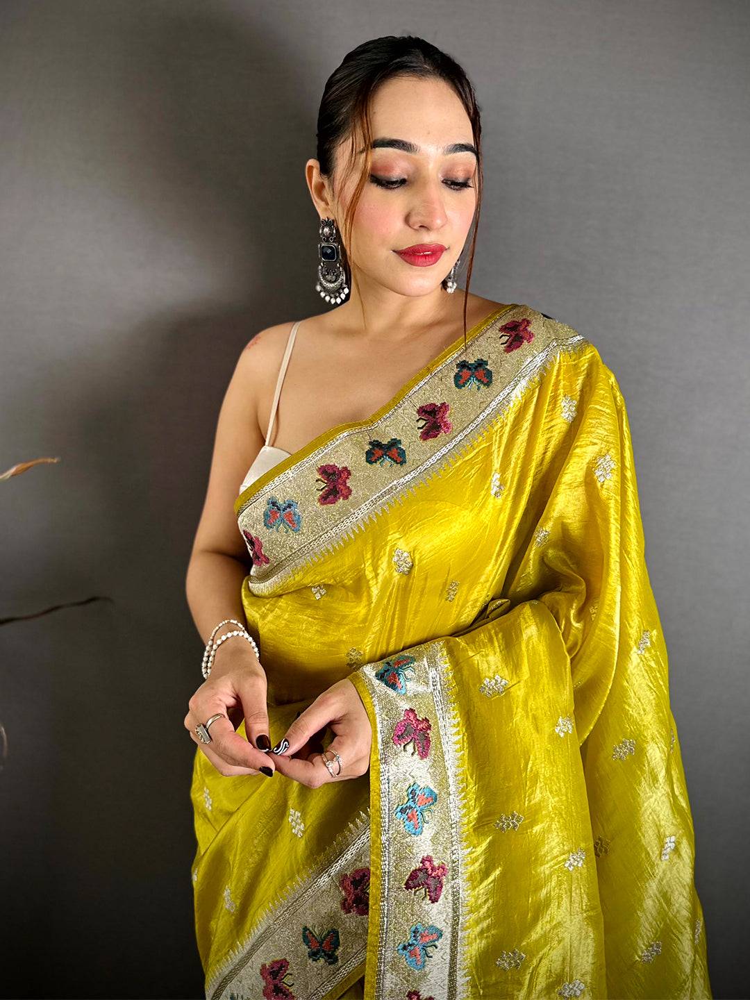 Yellow Crush Silk Zari Embroidered Saree