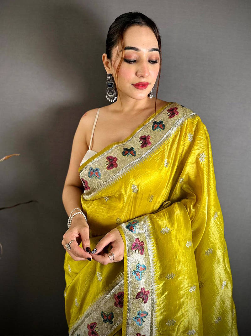 Yellow Crush Silk Zari Embroidered Saree