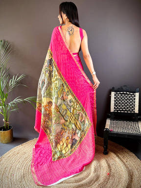 Back view of pink Kalamkari saree showcasing detailed artwork
