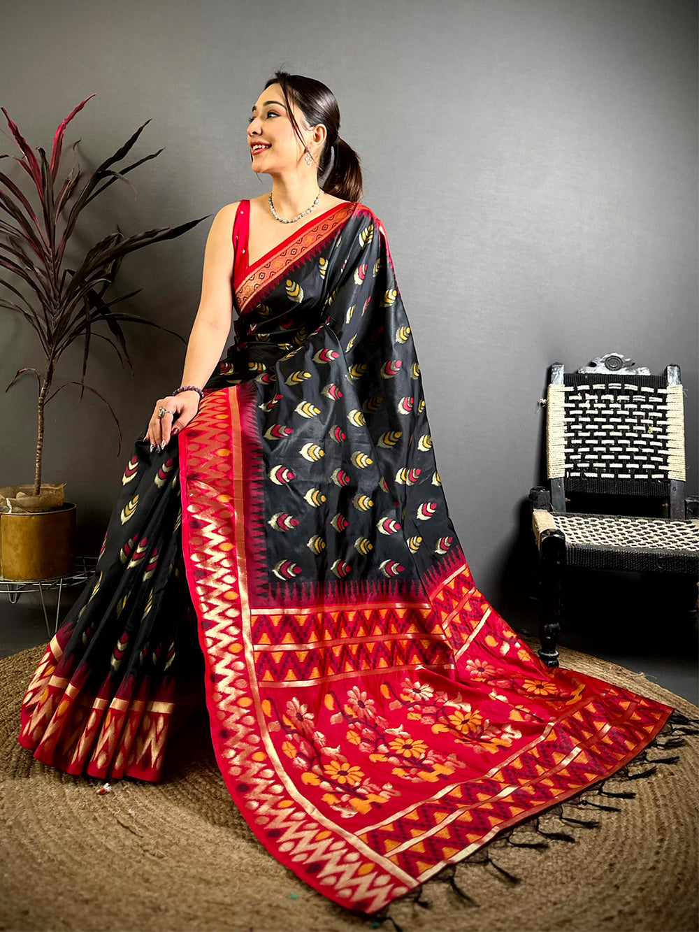 Black Ikkat Minakari Soft Silk Saree


