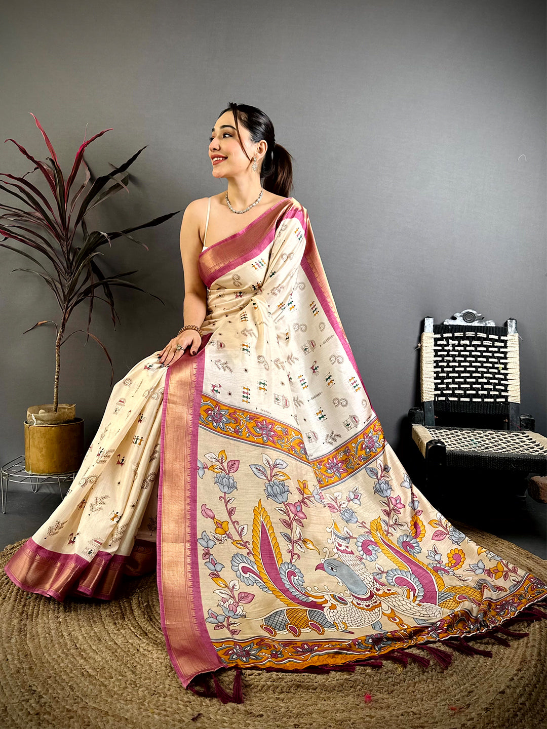 Pink Soft Dola Silk Warli Print Saree