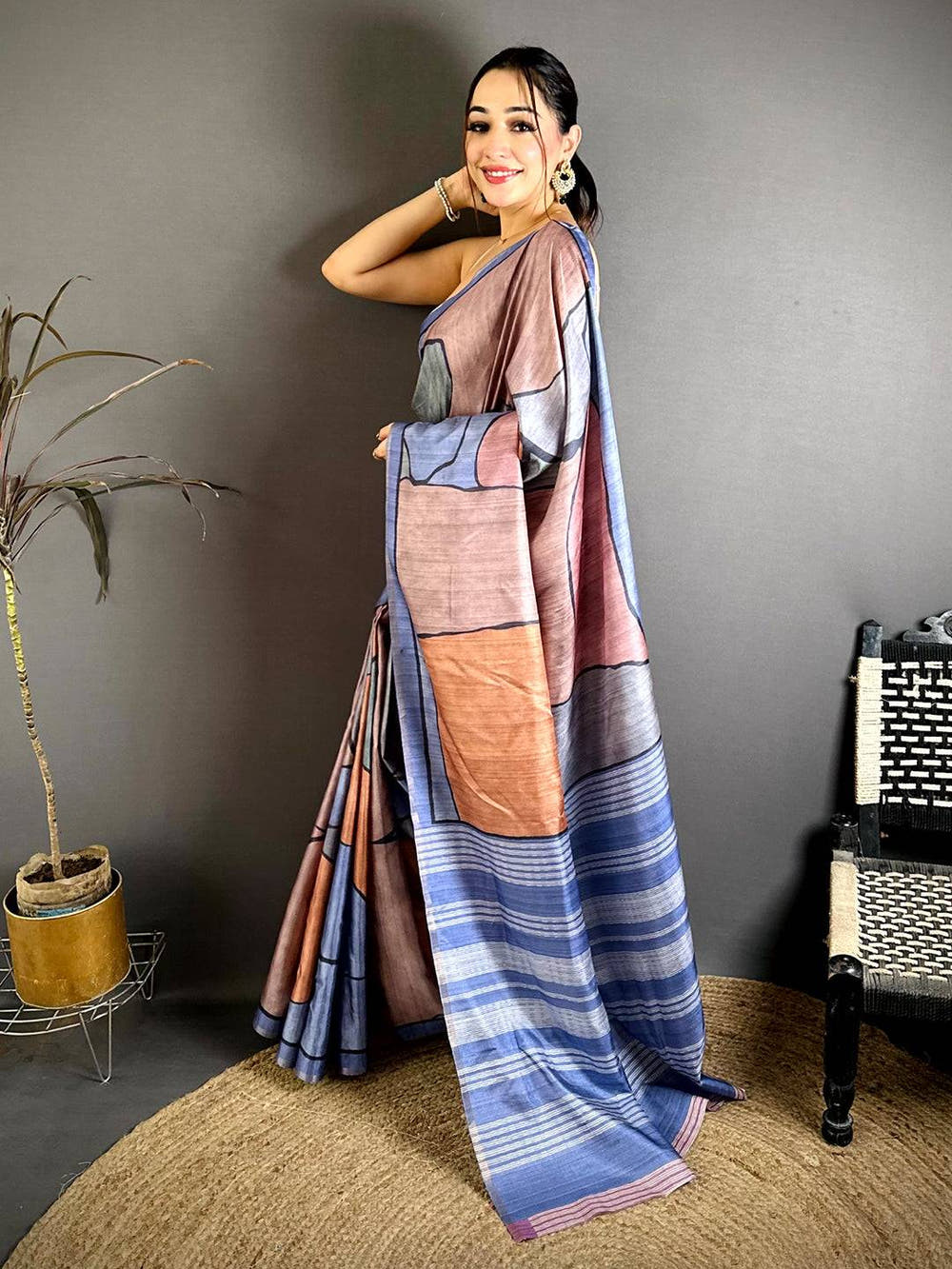 Vibrant Tussar Ghicha Block Print Saree