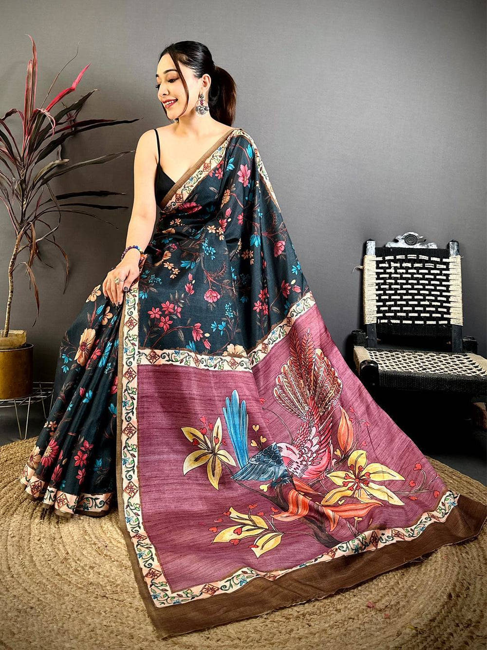 Black Tussar Pen Kalamkari Print Saree
