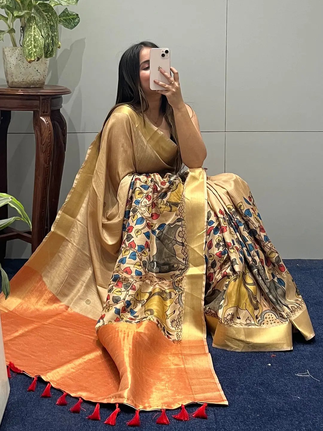 Elegant Pen Kalamkari Linen Tissue Saree with digital motifs