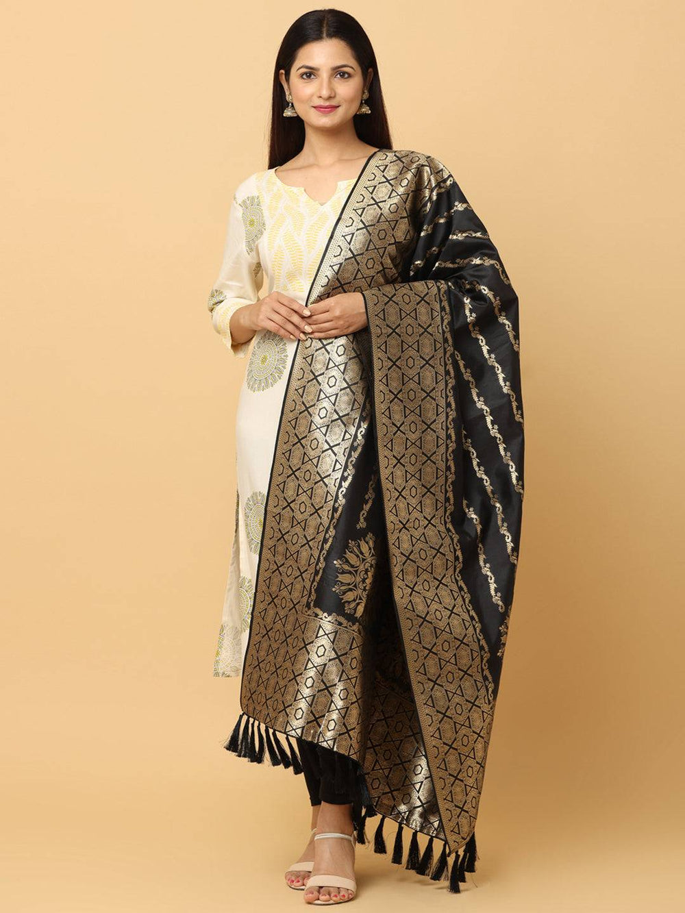 Elegant silk blend black dupatta with geometric motifs