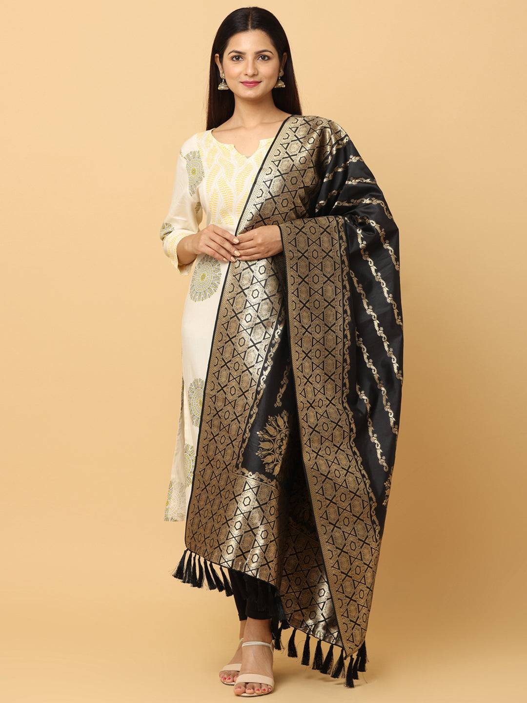 Elegant silk blend black dupatta with geometric motifs