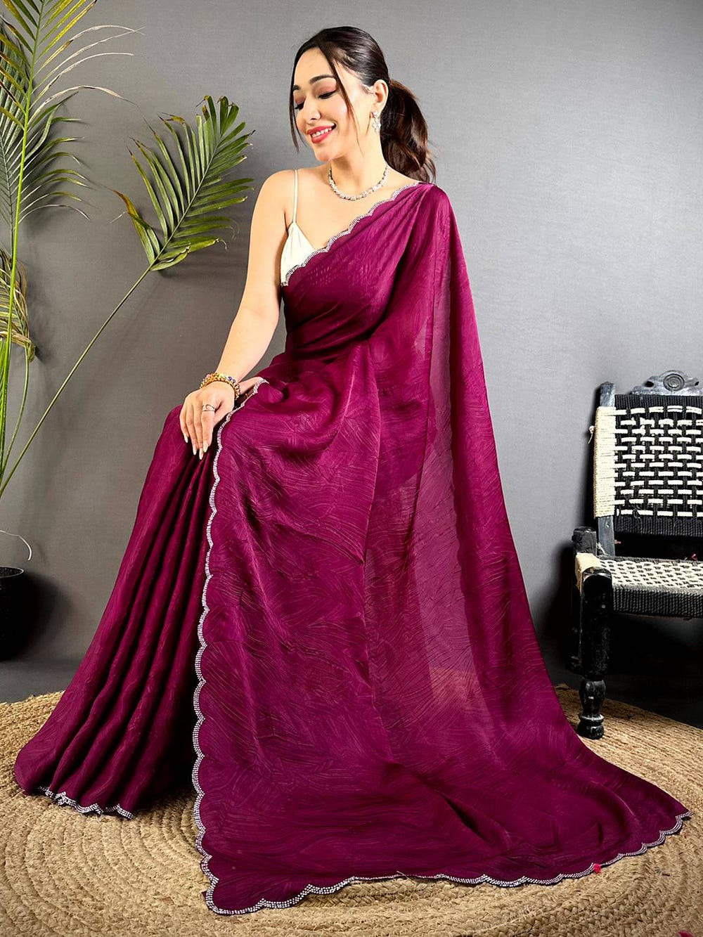 Magenta Stone Work Silk Crush Saree
