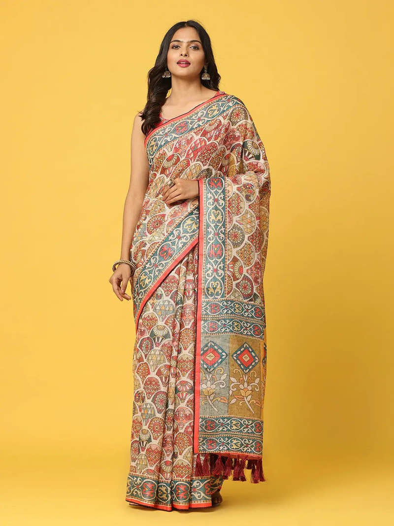 Soft Linen Kalamkari Block Print Party Wear Saree