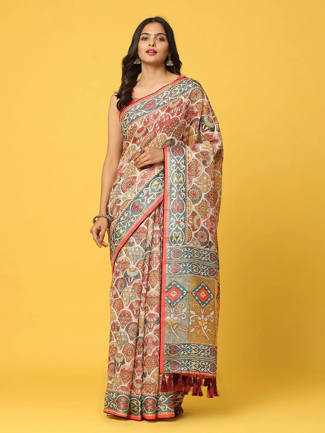 Soft Linen Kalamkari Block Print  With Sequin Border 