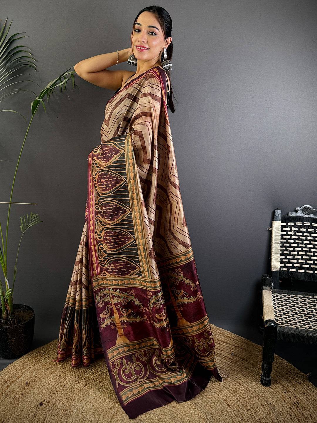 Beige Soft Dola Silk Printed Saree