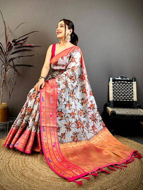 Light Grey Paithani Border Kora Tissue Saree