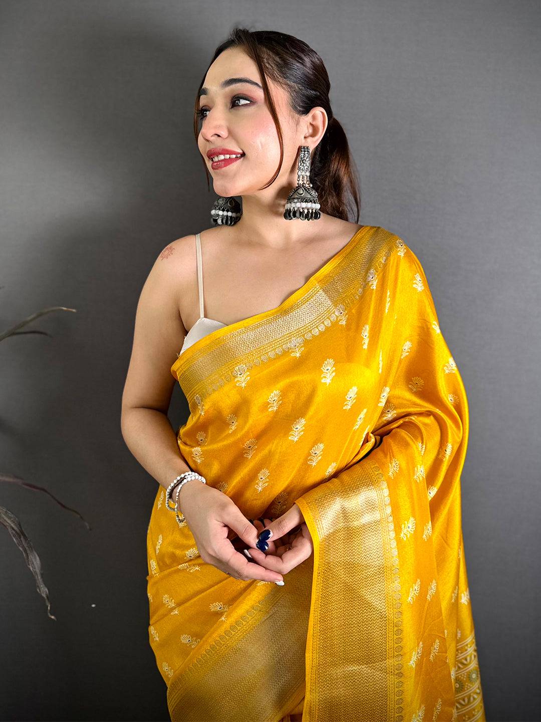 Mustard Dola Block Print Zari Border Saree