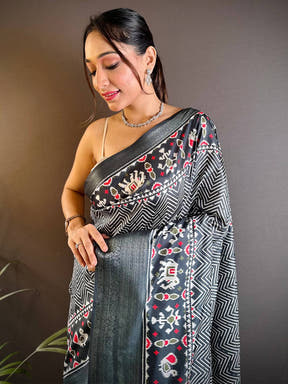 Grey Zig Zag Kalamkari Kanchi Silk Saree