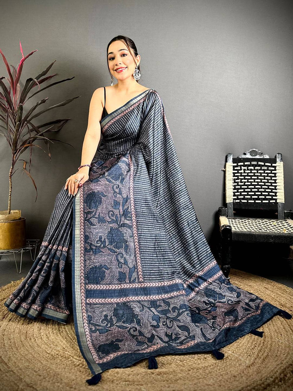 Indigo Blue Digital Katha Work Saree