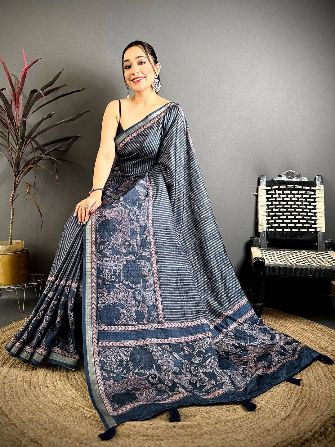 Indigo Blue Digital Katha Work Saree