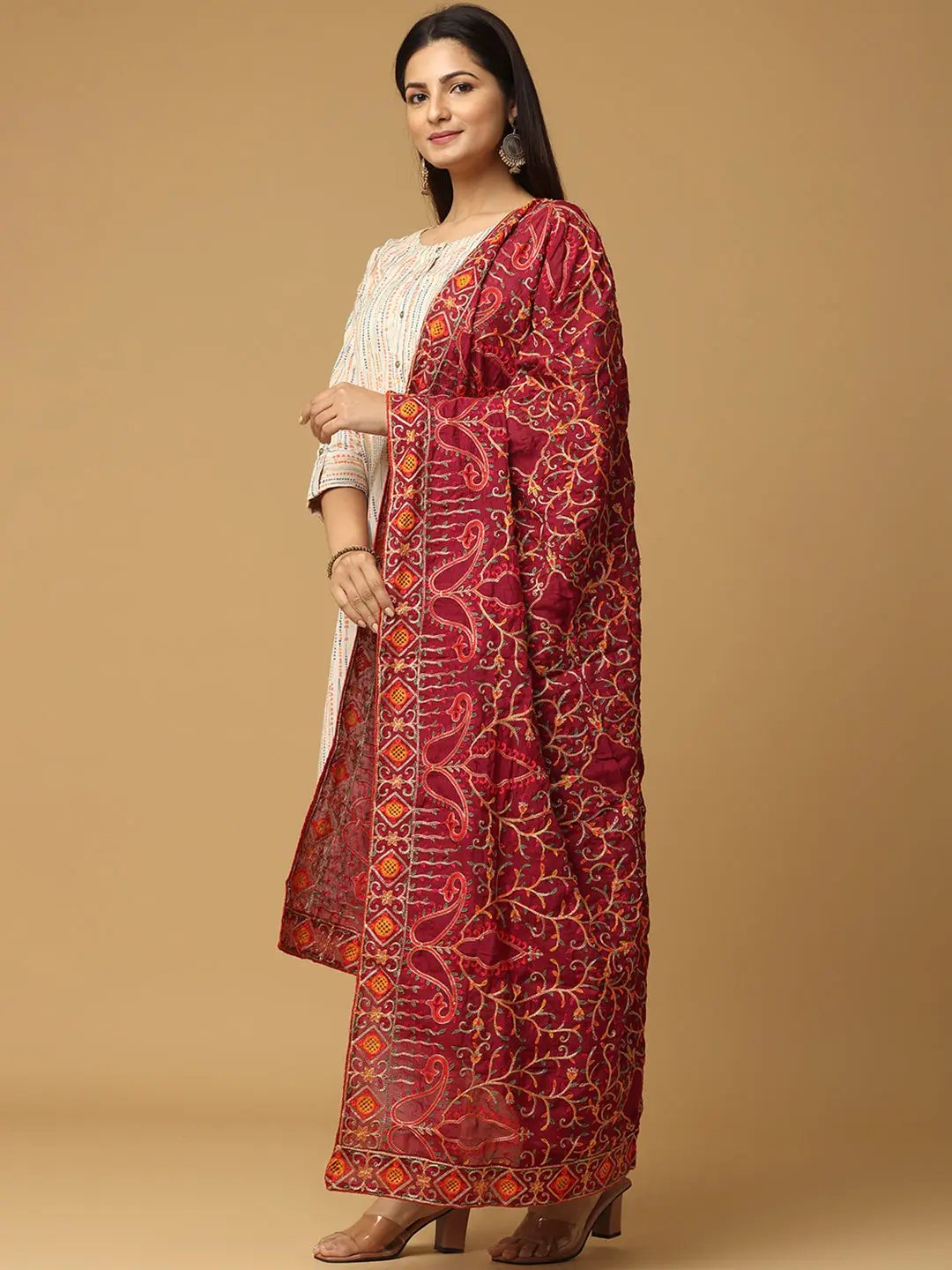 Side view of Wine Poly Chiffon Pashmina Dupatta