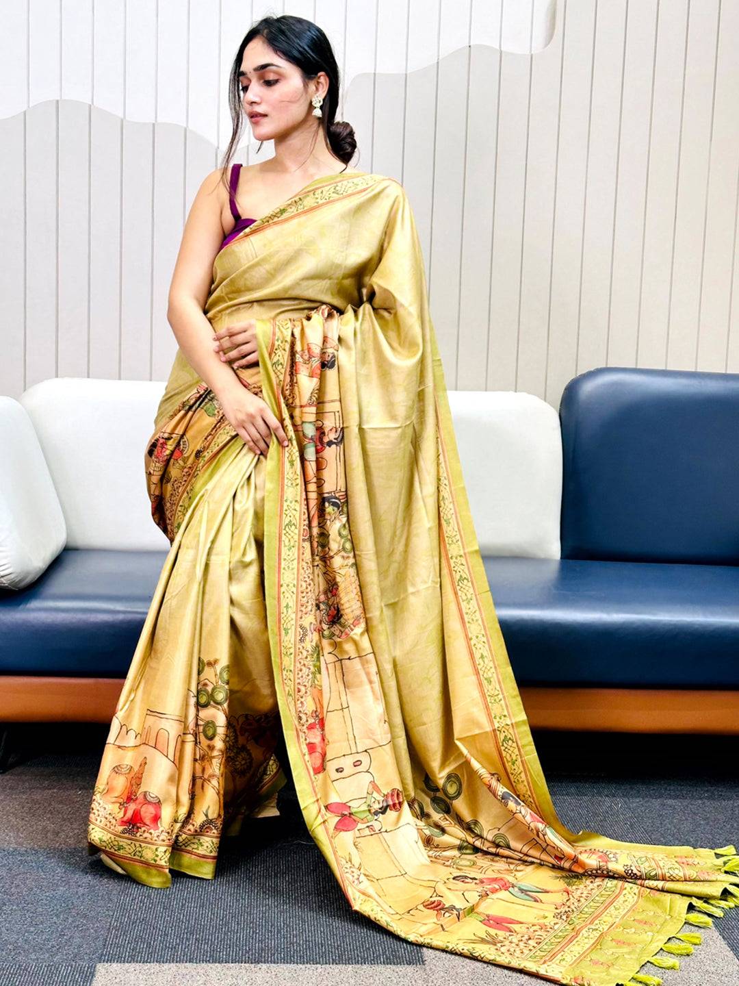 Traditional Kalamkari saree in light green with intricate designs