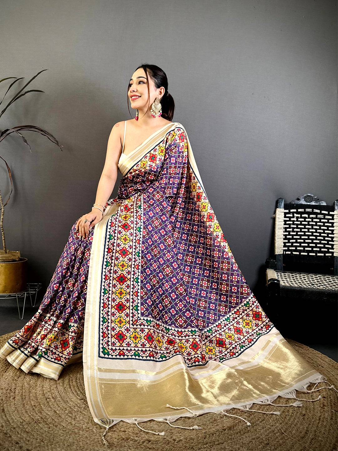 Purple Ethnic Digital Ikkat Kanchi Saree
