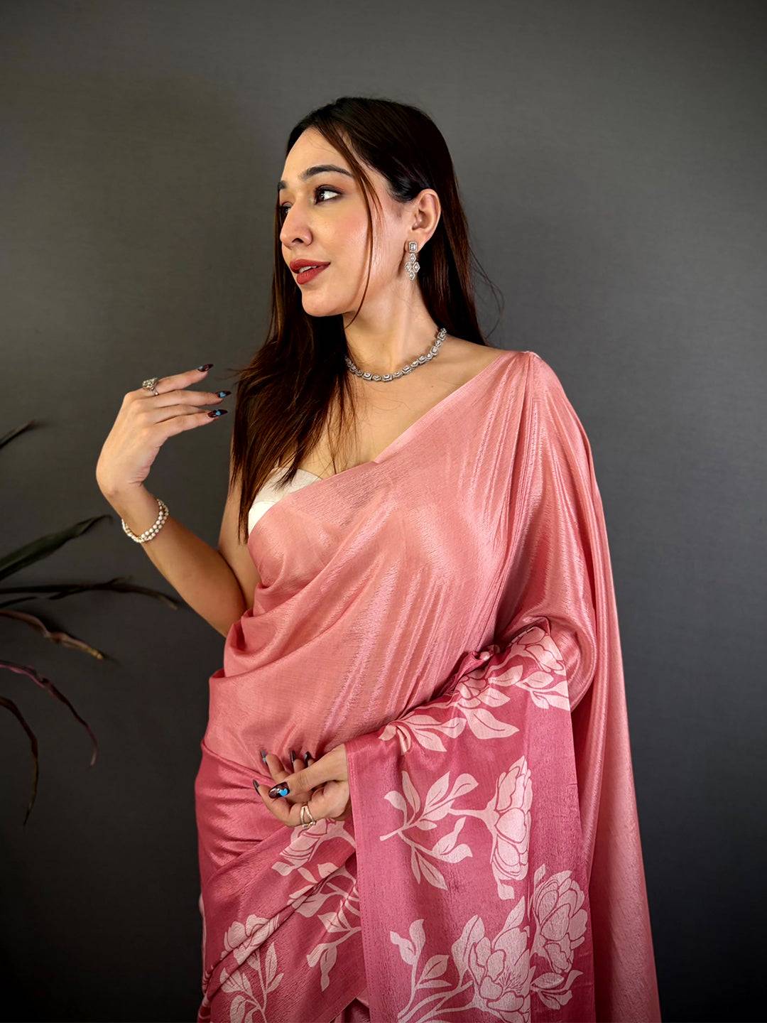 Soft Chinnon Ombre Floral Print Saree
