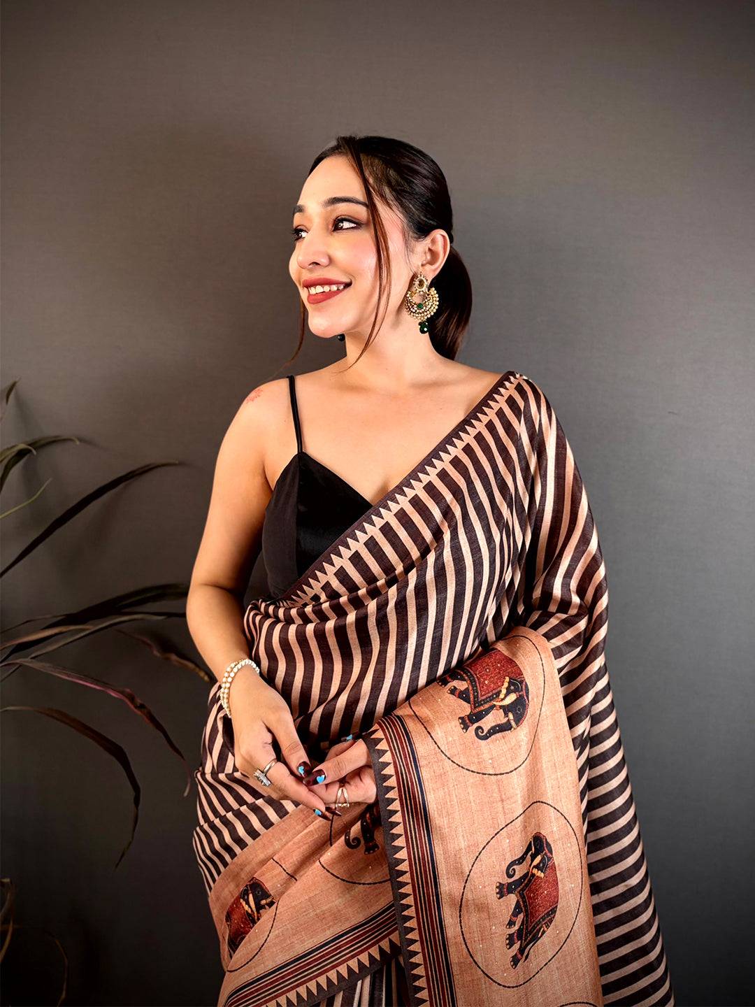 Elegant Striped Elephant Print Tussar Saree