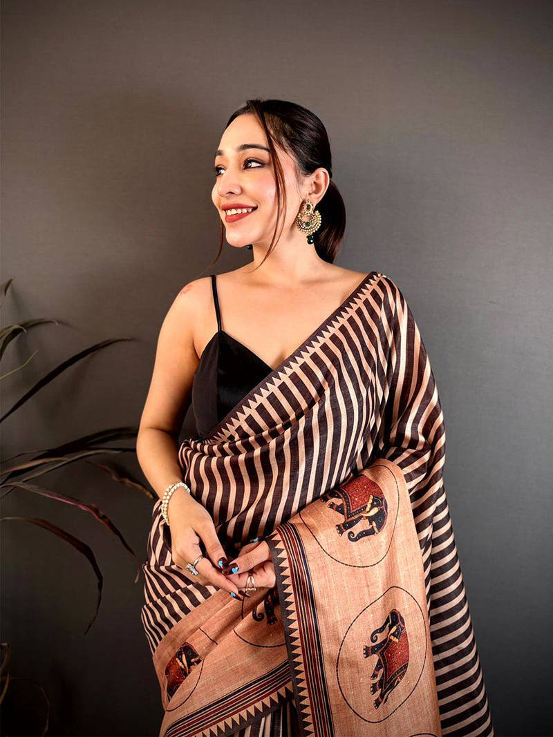 Elegant Striped Elephant Print Tussar Saree