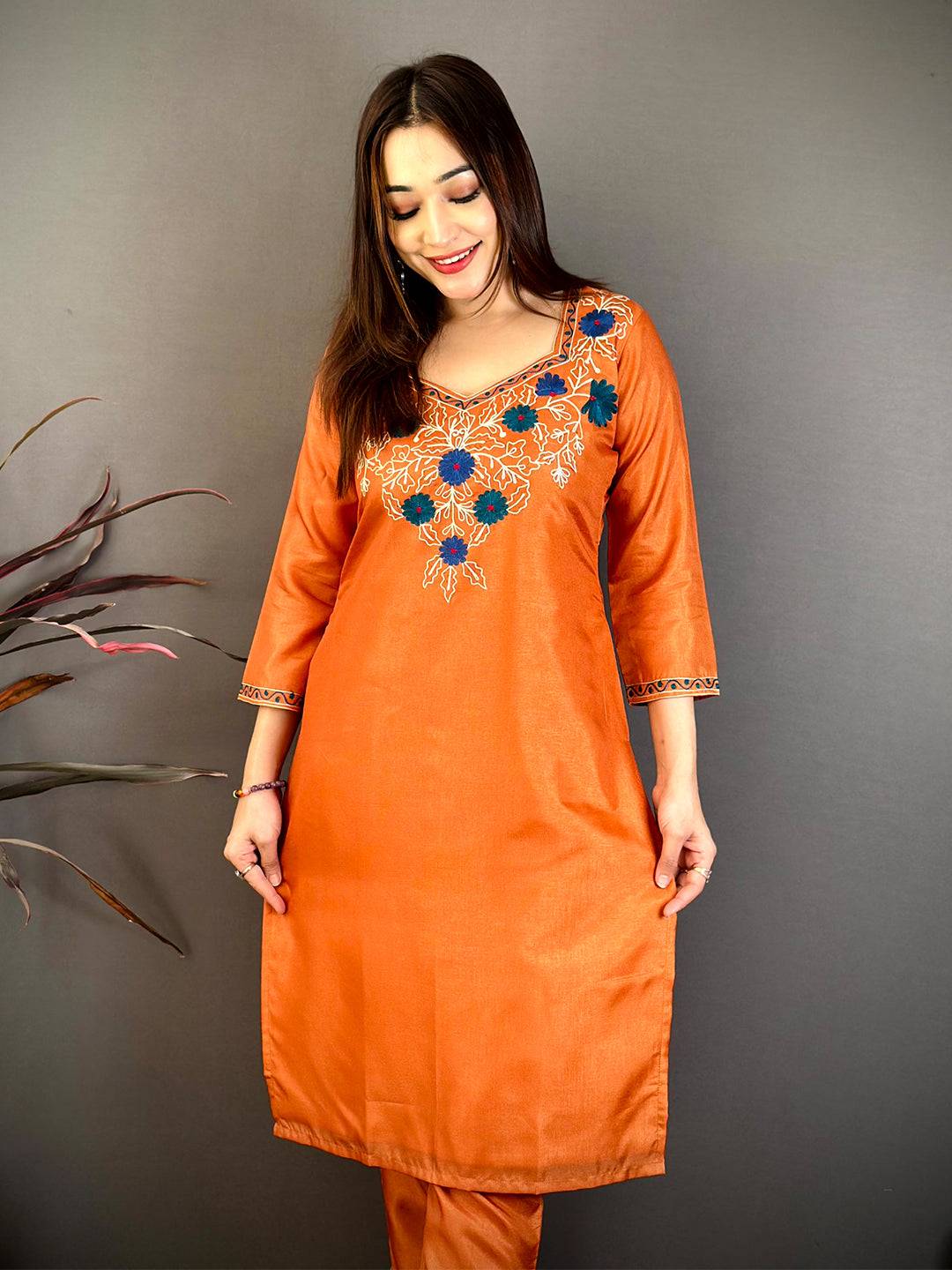 Rust Orange Ari Work Cotton Zari Kurti
