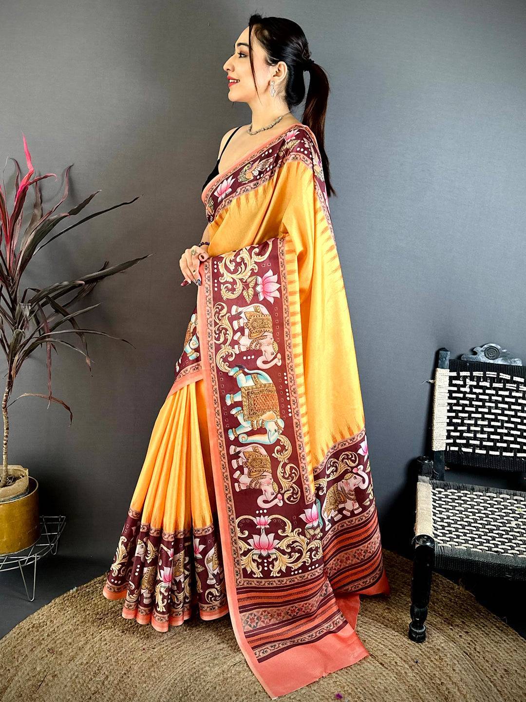 Mustard Tanjore Elephant Tussar Saree