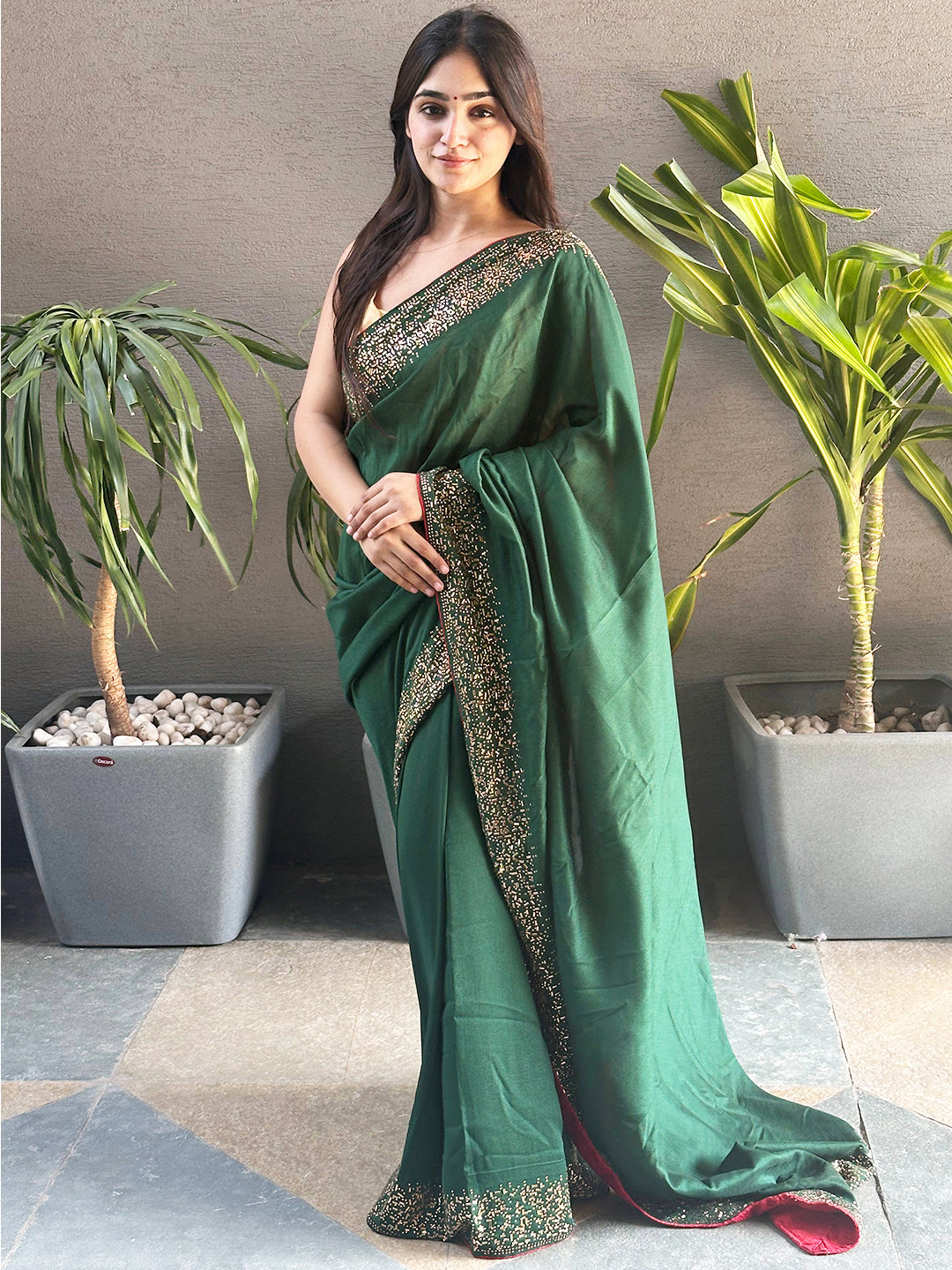 Green colour Vichitra Silk Saree With Embellish Swarovski Stone work
