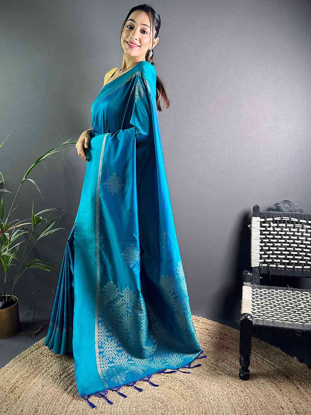 Turquoise Peacock Kolam Silk Heritage Saree