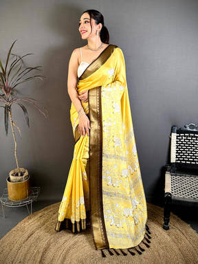 Mustard Soft Dola Block Kalamkari Zari Saree