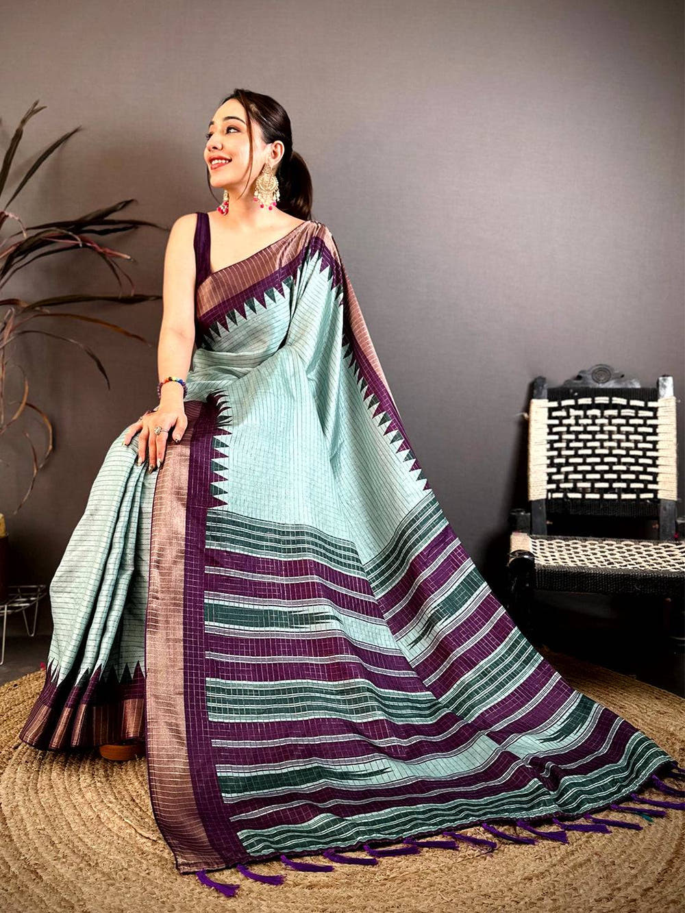 Classic Black Zari Checks Designer Saree