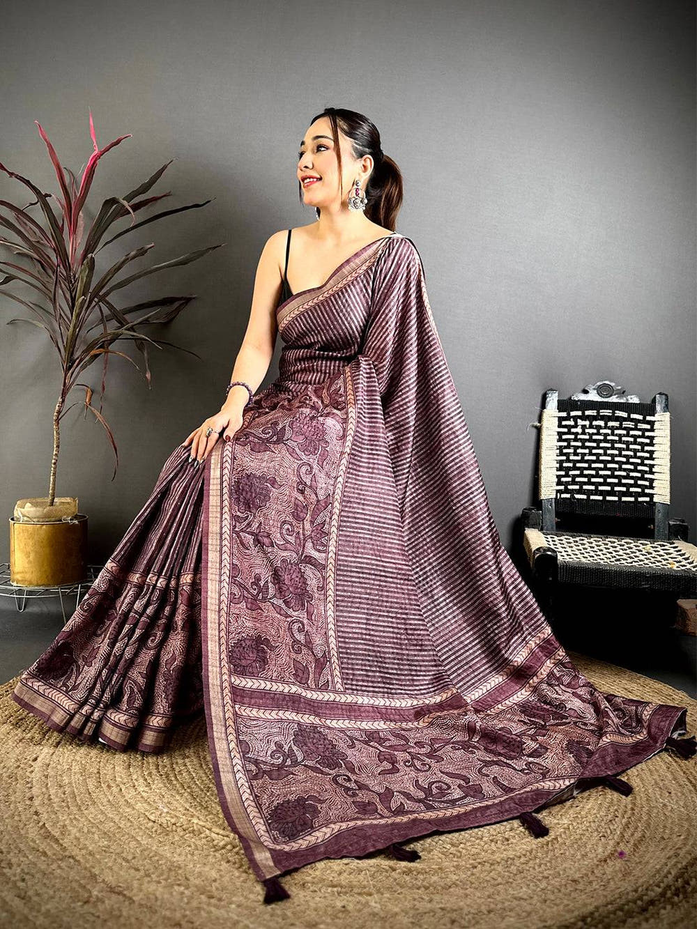 Brown Digital Katha Work Saree