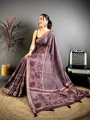 Brown Digital Katha Work Saree