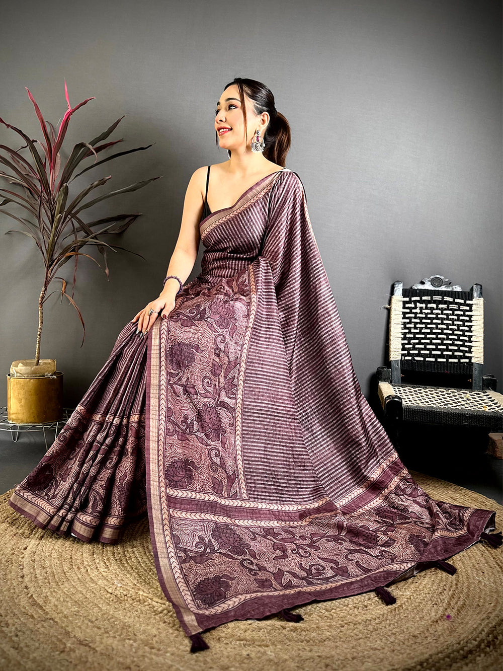 Brown Digital Katha Work Saree